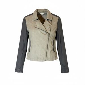 Eileen Fisher Coated Organic Linen Asymmetric Zip Moto Jacket Stone Gray Sz XS